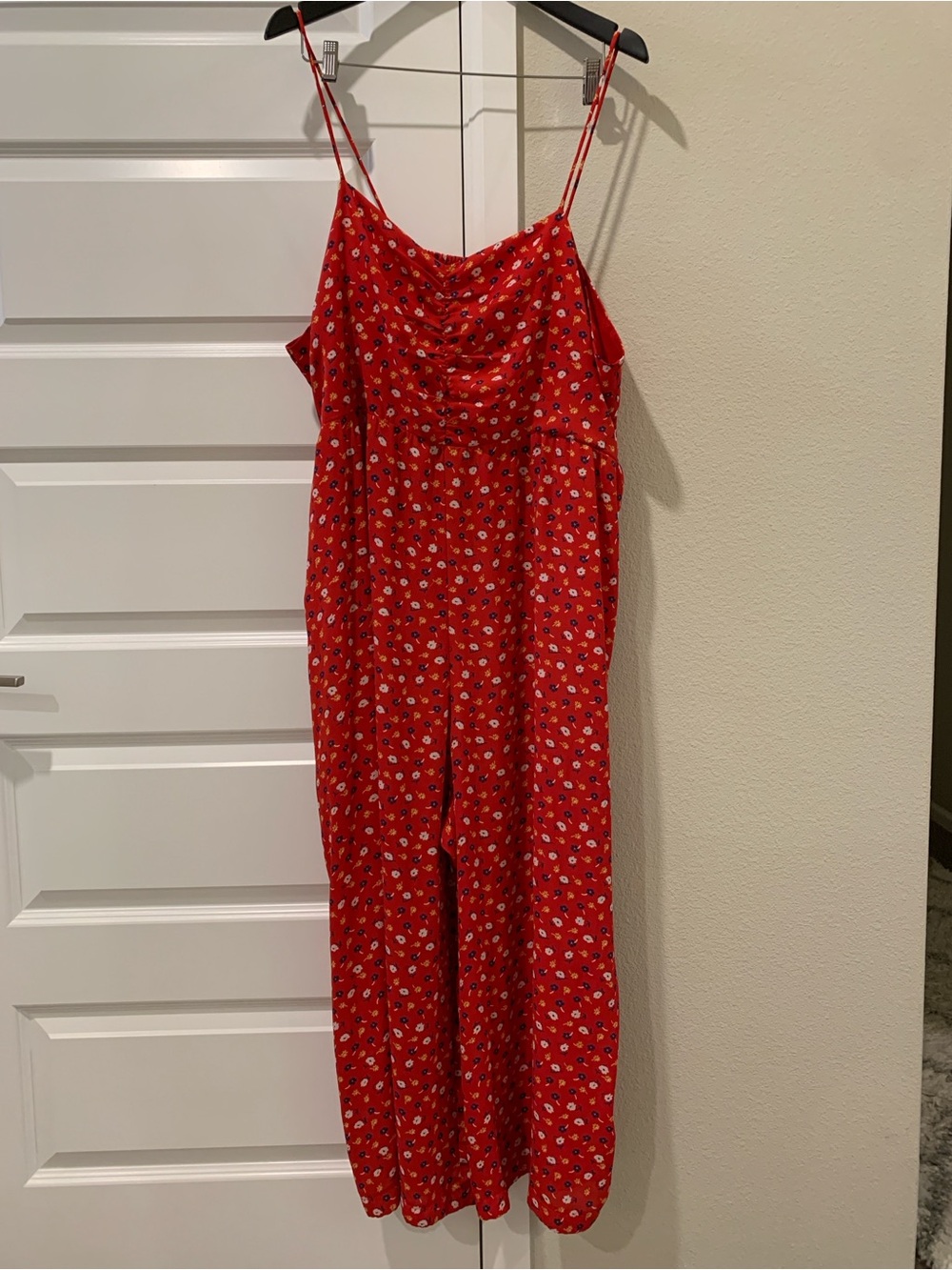 Madewell Red Floral Spaghetti-Strap Wide-Leg Jumpsuit (Size 24)